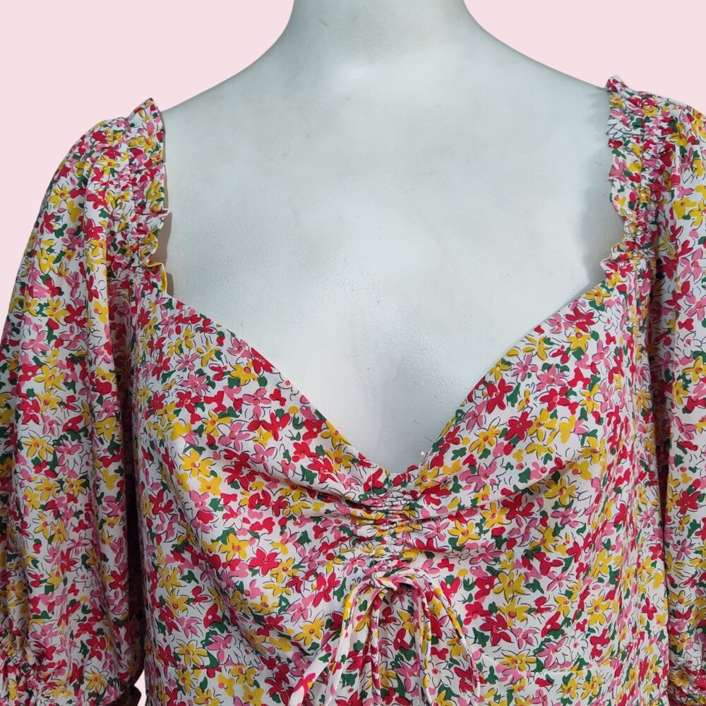 Lush Boho Ditsy Floral Smocked Back Sweetheart Neck Puff Sleeve Midi Dress Sz XL - Picture 7 of 11